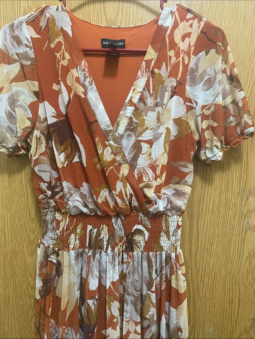 Rust Floral Wrap Maxi Dress with Puff Sleeves - Picture 4 of 10